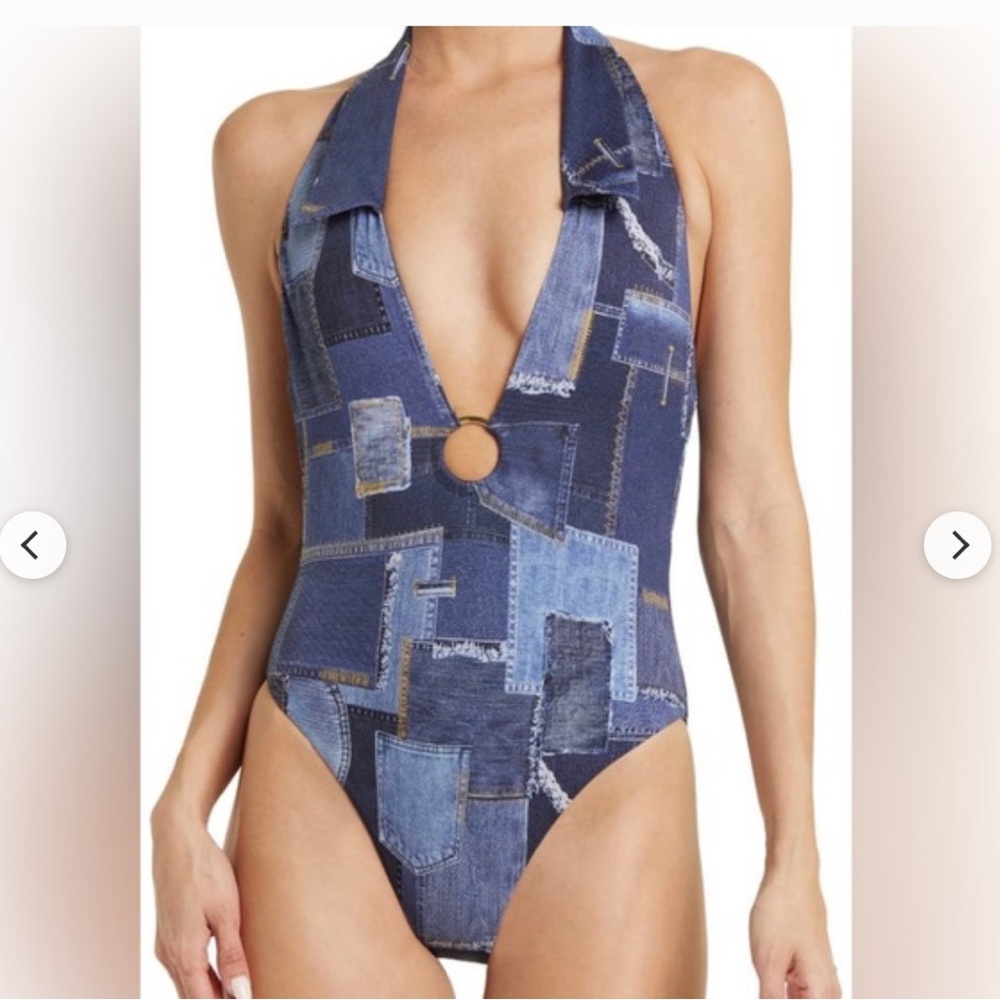 WeWoreWhat collar racerback denim patchwork one piece swimsuit blue XS NWT - Picture 2 of 15